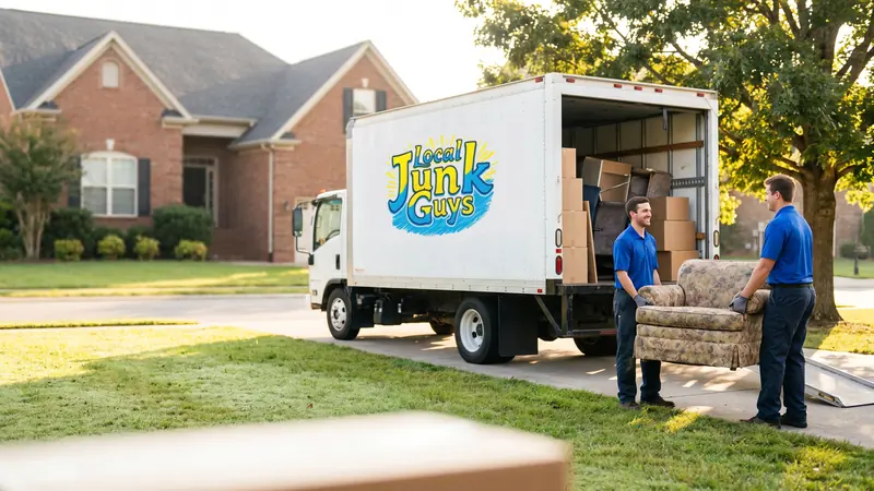 Local Junk Guys crew loading an old armchair into their branded truck outside a Nashville home